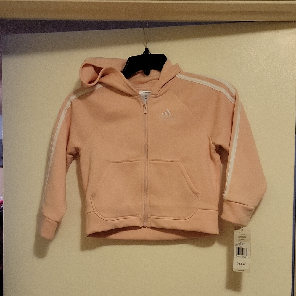 NWT: Adidas Girls Pink 3 Stripe Zip-Up Hoodie Sweatshirt